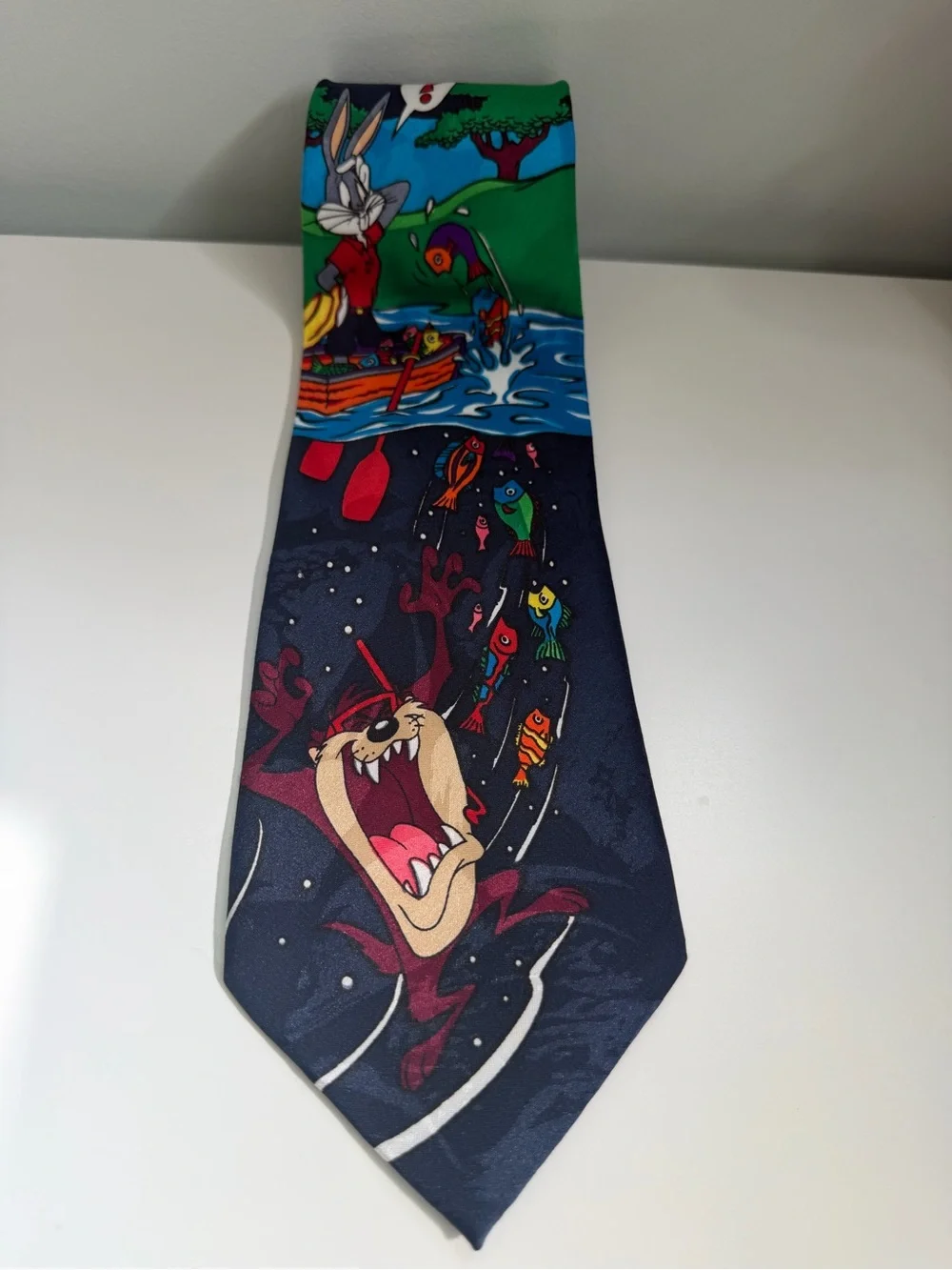 Looney Tunes Taz Bugs Bunny Fishing Tie Cartoon‎ Novelty Necktie 90’s Y2K Office